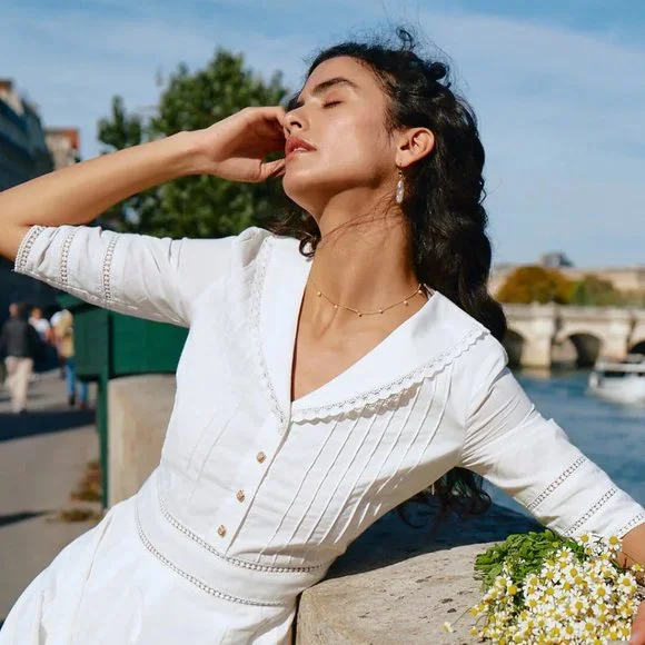 NEW — Simple Retro 100% Cotton Vintage White V-Neck Midi Victorian Dress - Picture 2 of 13